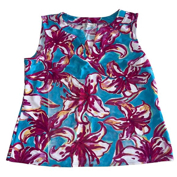 Aryeh Tops - Aryeh Hawaiian Floral Print Sleeveless Top Size XL Stretch Knit Pink Blue